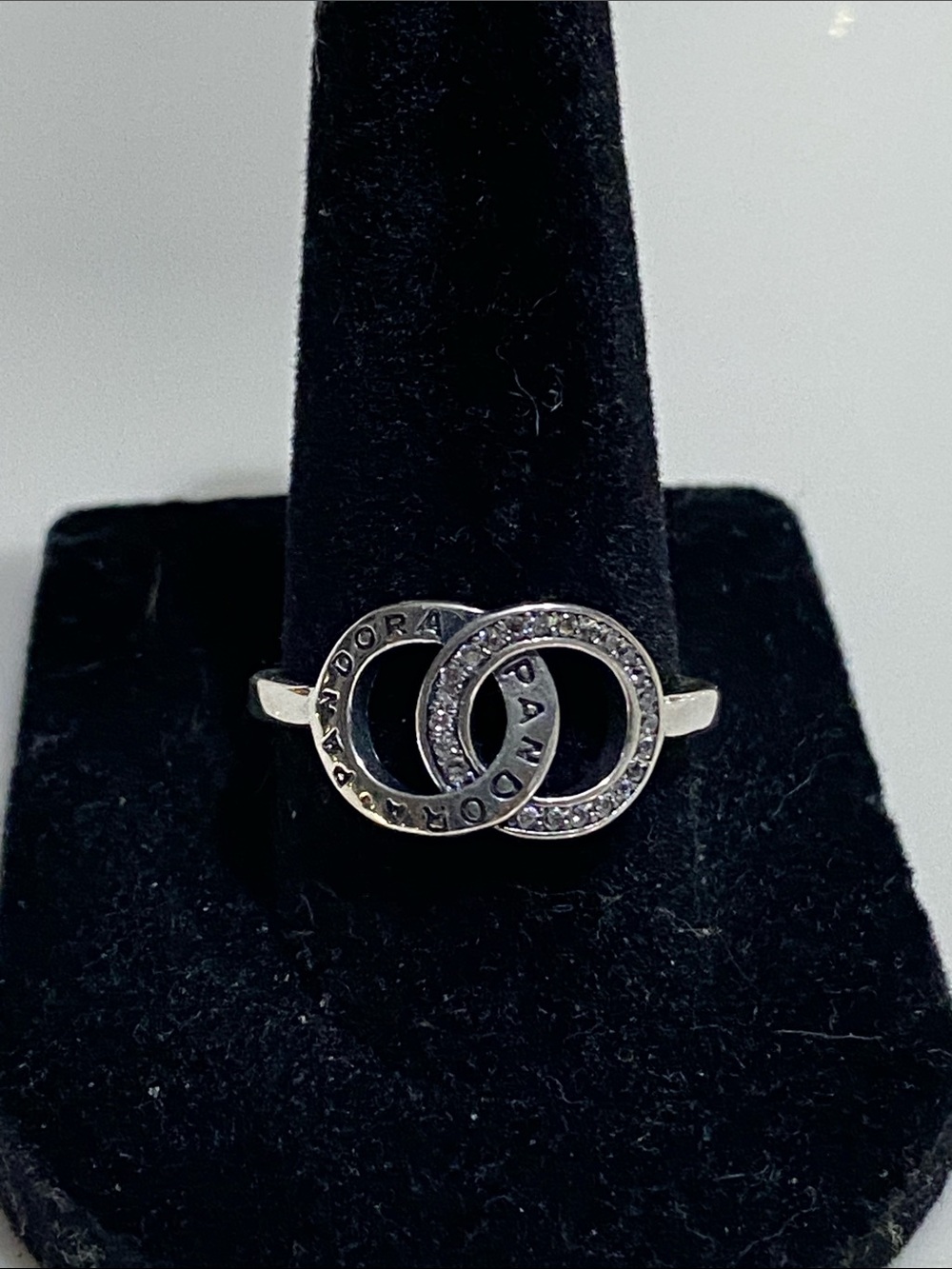 Pandora S925 ALE Silver Interlocking Circles Ring with CZ Accents